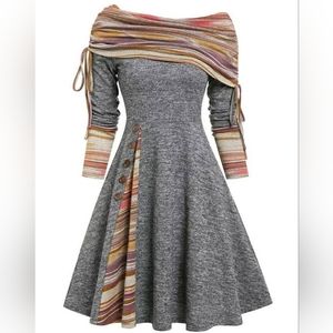 Vintage Dressfo off-the-shoulder knit dress - M - gray multi color